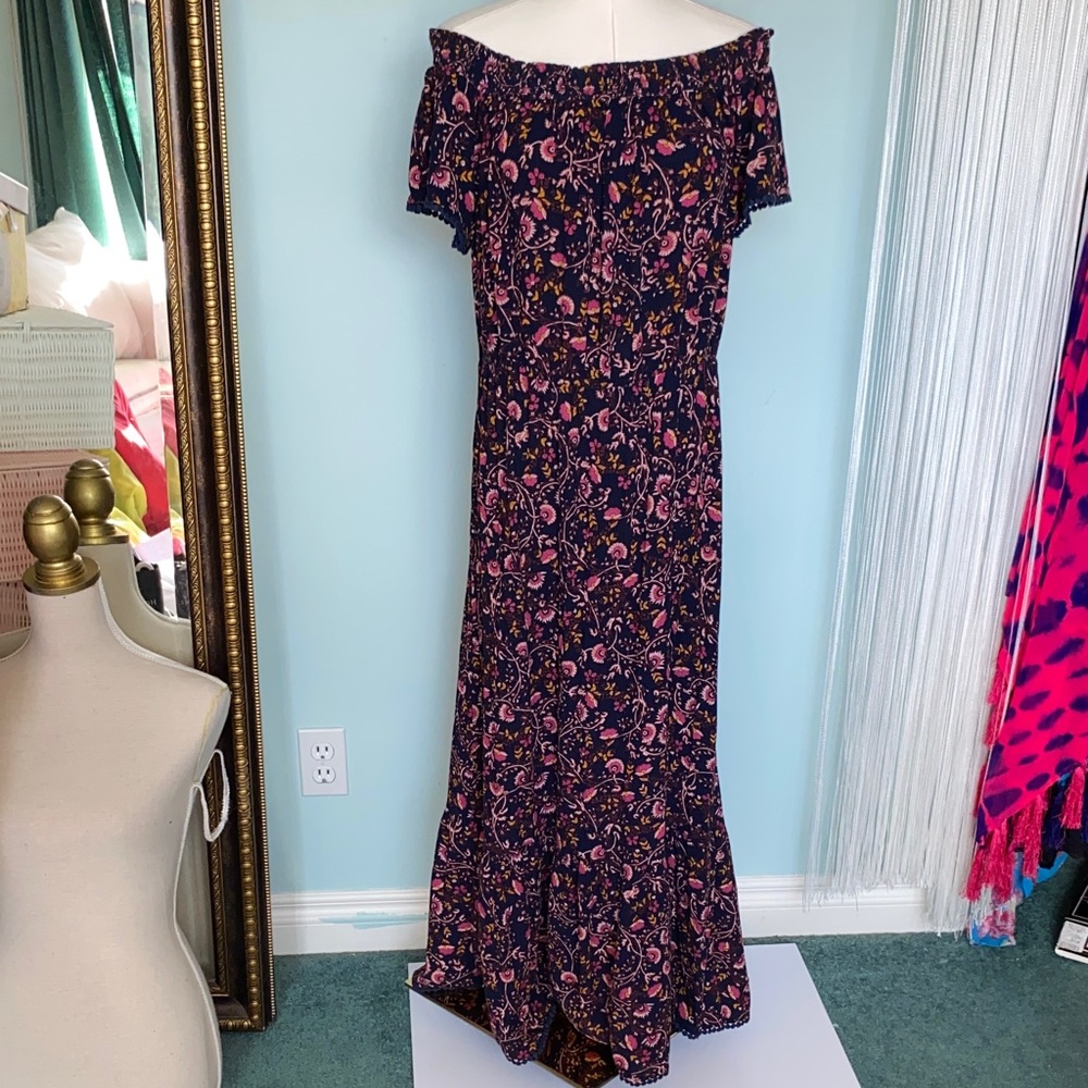 Old Navy Off-Shoulder Floral Maxi Dress in Navy, Pink and Gold